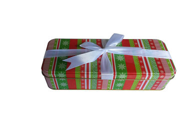 चीन व्हाइट रिबन क्रिसमस खाली उपहार tins धातु बॉक्स CYMK मुद्रण पर ढक्कन / शारीरिक आपूर्तिकर्ता