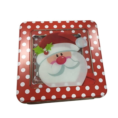 चीन खाली क्रिसमस टिन उपहार बॉक्स चौकोर कुकी टिन, खिड़की के साथ ढक्कन के साथ हॉलिडे सजावटी टिन आपूर्तिकर्ता